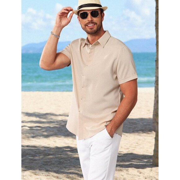 Men's Light Khaki Linen Short Sleeve Button Down Casual Shirt Business - Picture 4 of 6